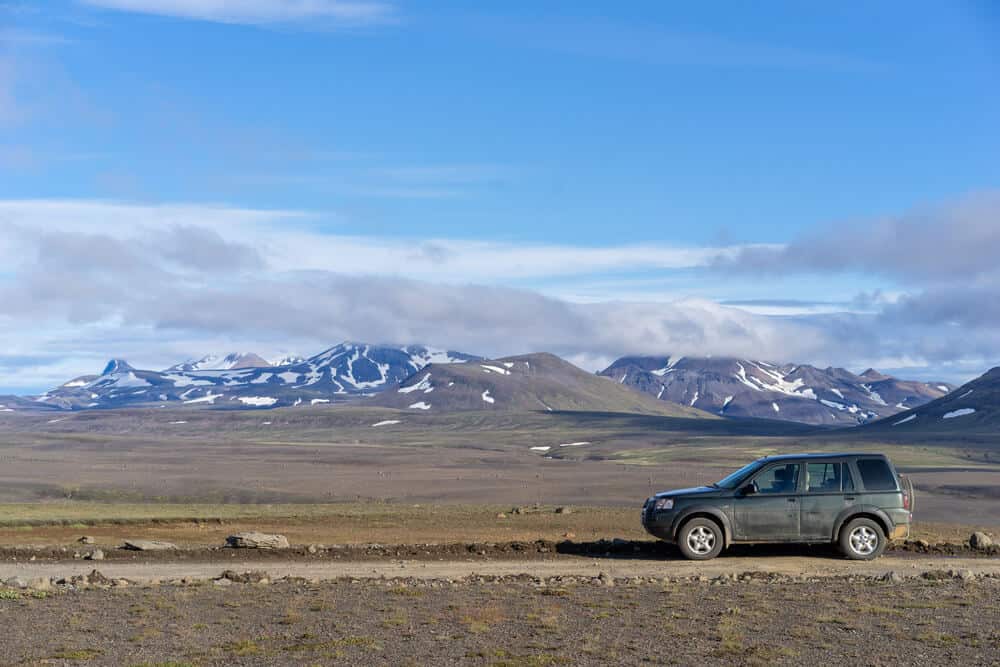 4x4 vehicle on F35 mountain road through central part of Icelandic Highlands to Hveravellir.