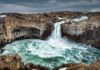 Aldeyjarfoss waterfall on a cloudy day