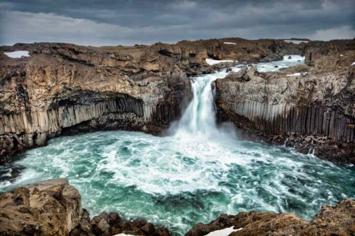 Aldeyjarfoss waterfall on a cloudy day