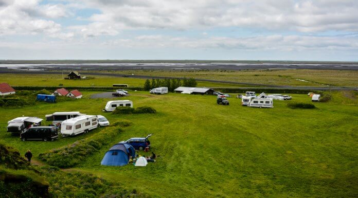 Cars, campervans and motorhomes at Iceland campsite