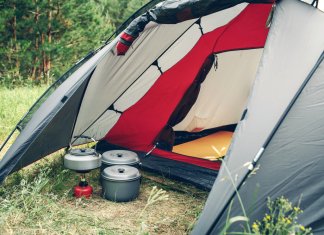 Rental tent for four people with camping stove and pots in Iceland