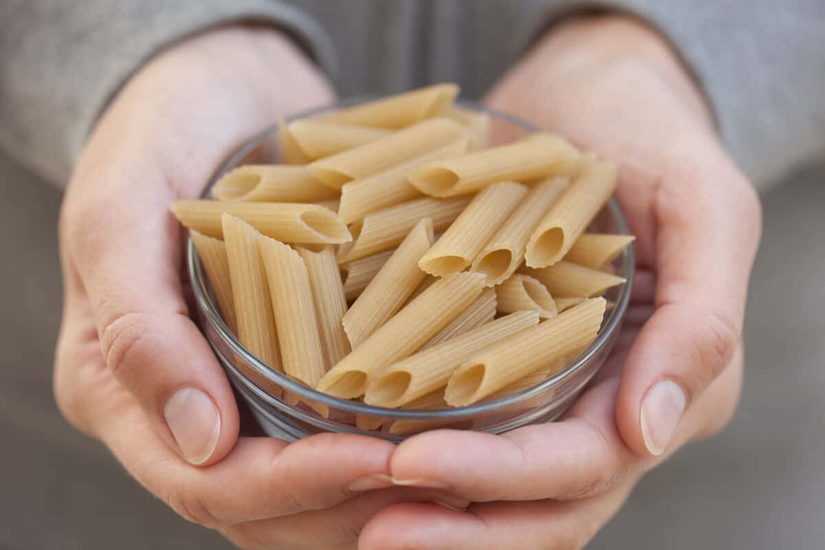 Close up of pasta in glass bowl, an Iceland camping cooking staple