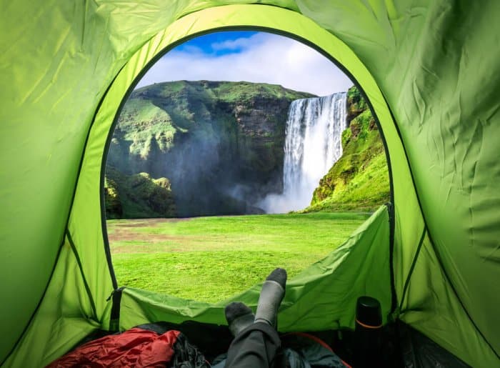 Amazing view of Skógafoss waterfall in Iceland while camping in September