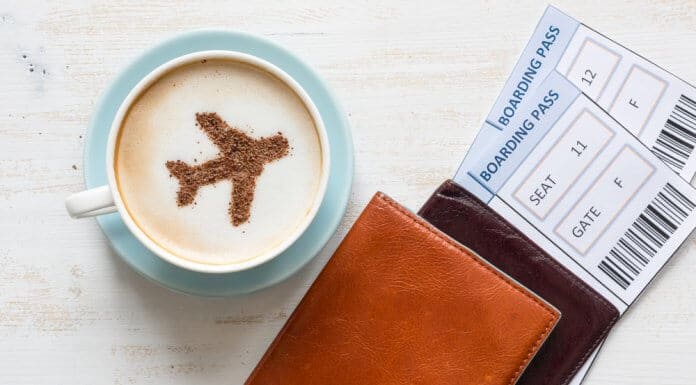 Coffee with plane outline and cheap plane tickets