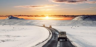 Driving in Iceland in winter on snowy roads