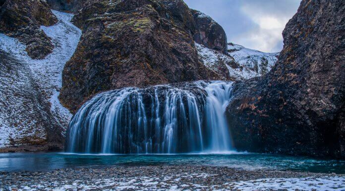 Bruarfoss with snow in Iceland in April