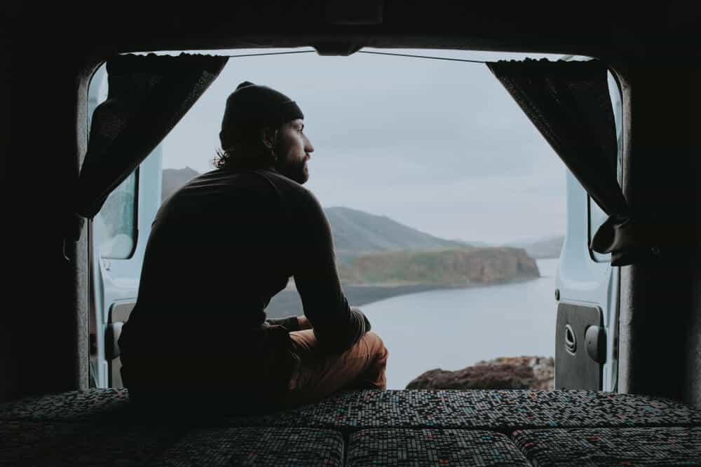 View of Icelandic landscape from back of campervan rental
