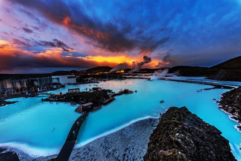 Iceland's most famous hot pot the Blue Lagoon at the sunset
