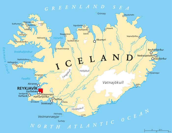 A map of Iceland showing the main areas and cities