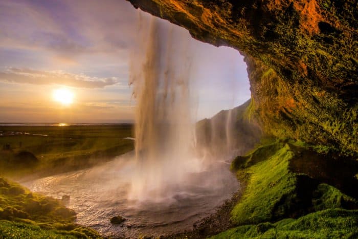 Seljalandsfoss at sunset during Iceland's Midnight Sun