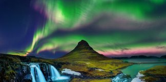 Iceland's Norhtern Lights in the fall at Kirkjufell on Snaefellsnes peninsula