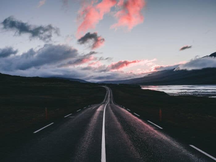 Iceland Ring Road at dawn with a pinkish sky