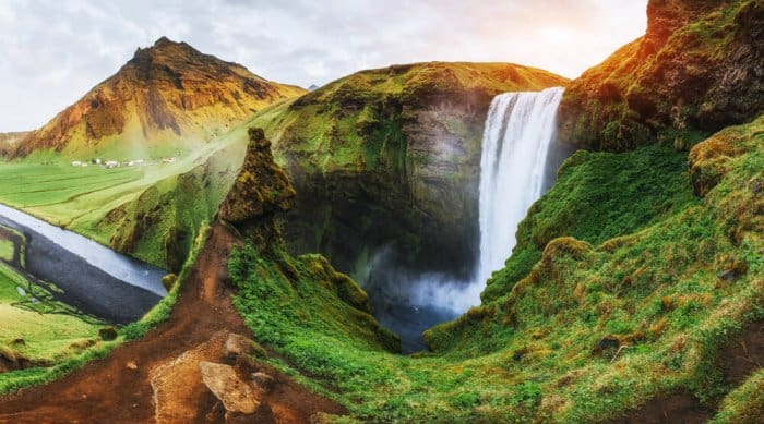 Iceland's Skógafoss waterfall at sunrise