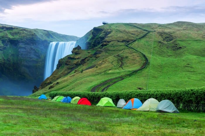 You can camp with a tent or campervan at Skógafoss