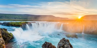 Iceland's beautiful Godafoss waterfall at sunset