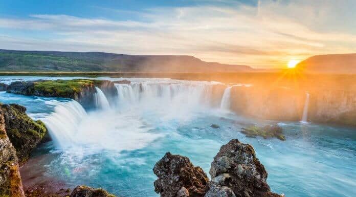 Iceland's beautiful Godafoss waterfall at sunset