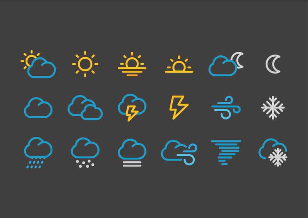 Iceland weather icons on black background