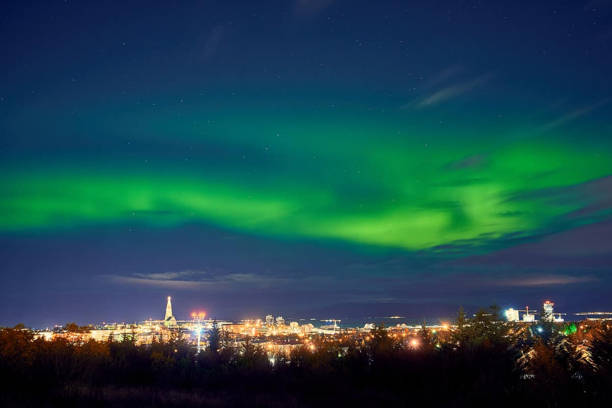 The Northern Lights over Reykjavik during an Icelandic festival