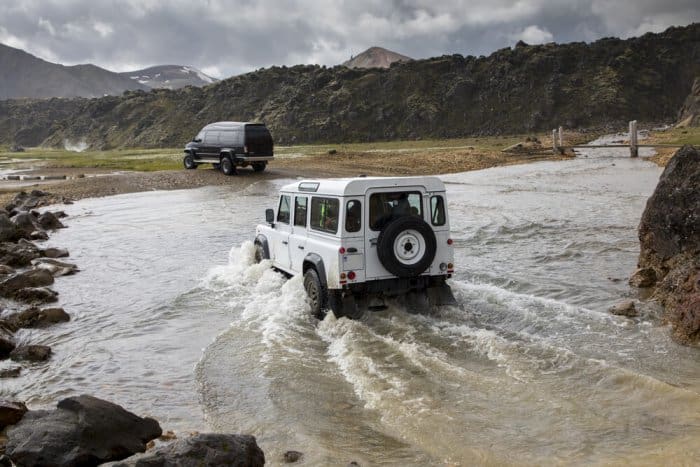 Jeep fording rivers in a self-drive trip to landmannalaugar