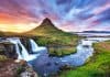 Kirkjufell mountain in Snaefellsnes peninsula with colorful sunset sky