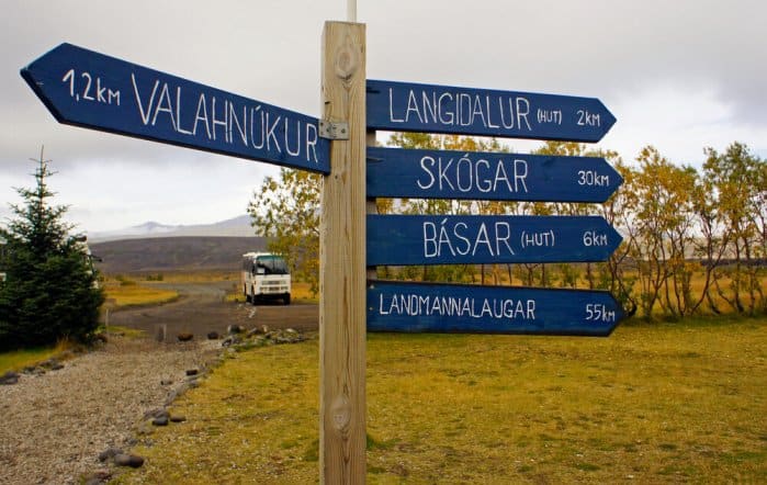 Blue wooden sign on the Laugavegur Trail in Landmannalaugar