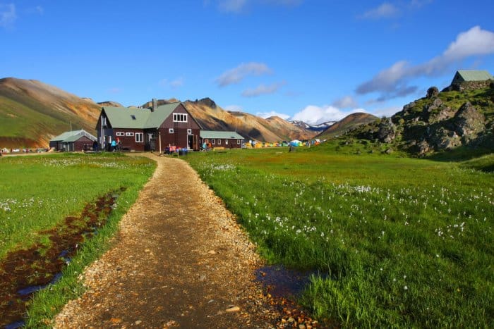 Typical Icelandic mountain huts in the Highlands along the Laugavegur Trail