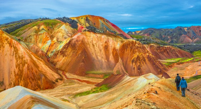 Hikers in Landmannalaugar in awe of the colorful rhyolite mountains