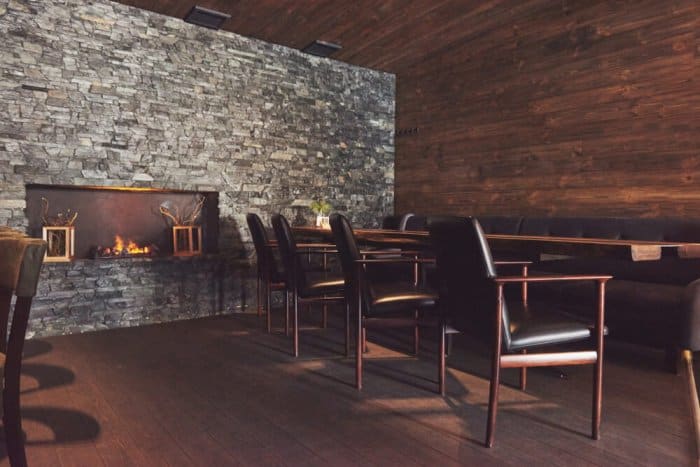 Interior of restaurant with fireplace
