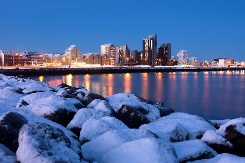 Reykjavik night view from the bay