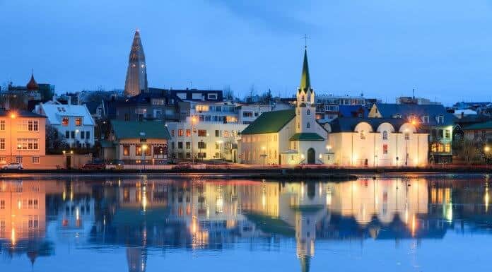 Reykjavik skyline view from the lake