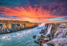 Selfoss waterfall during fall season