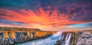 Selfoss waterfall during fall season