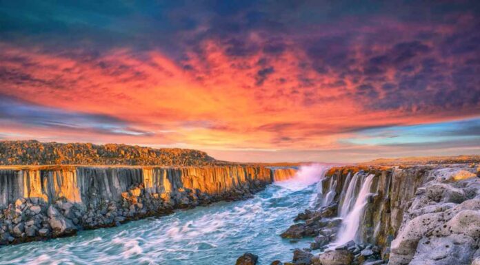 Selfoss waterfall during fall season