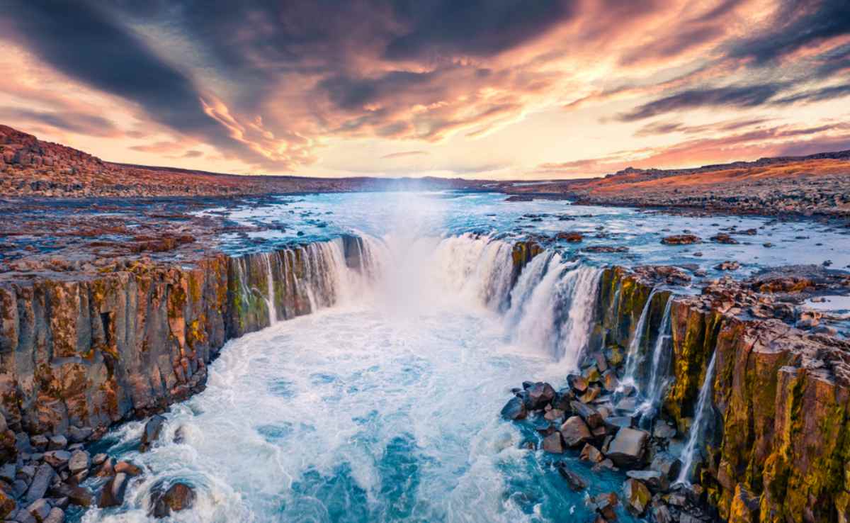 Selfoss waterfall at dusk