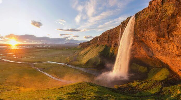 Seljalandsfoss valley and Midnight Sun