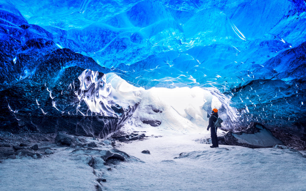 Visiting an Icecave in a glacier in Iceland