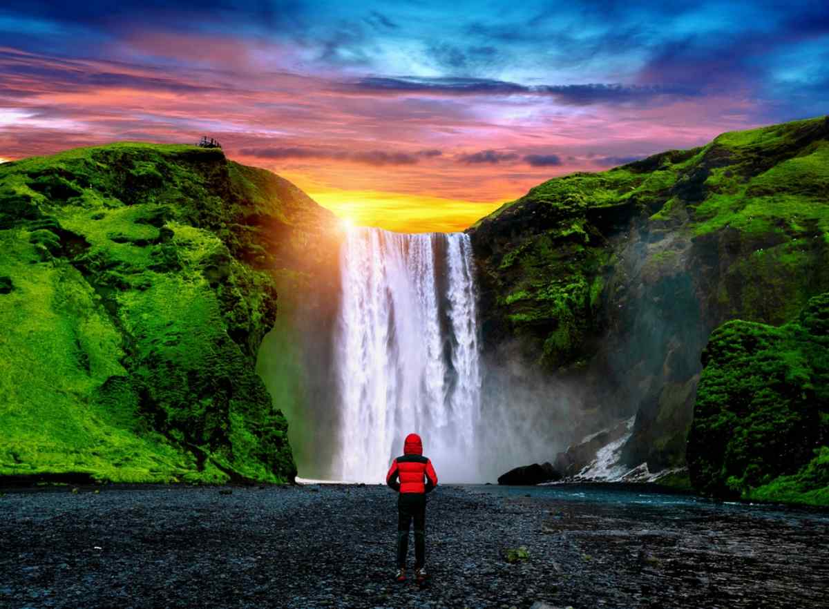 Skogafoss waterfall at dusk