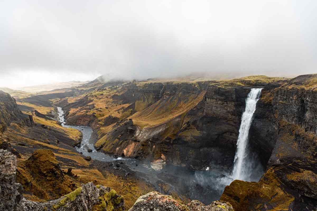 Haifoss waterfall on a cloudy day