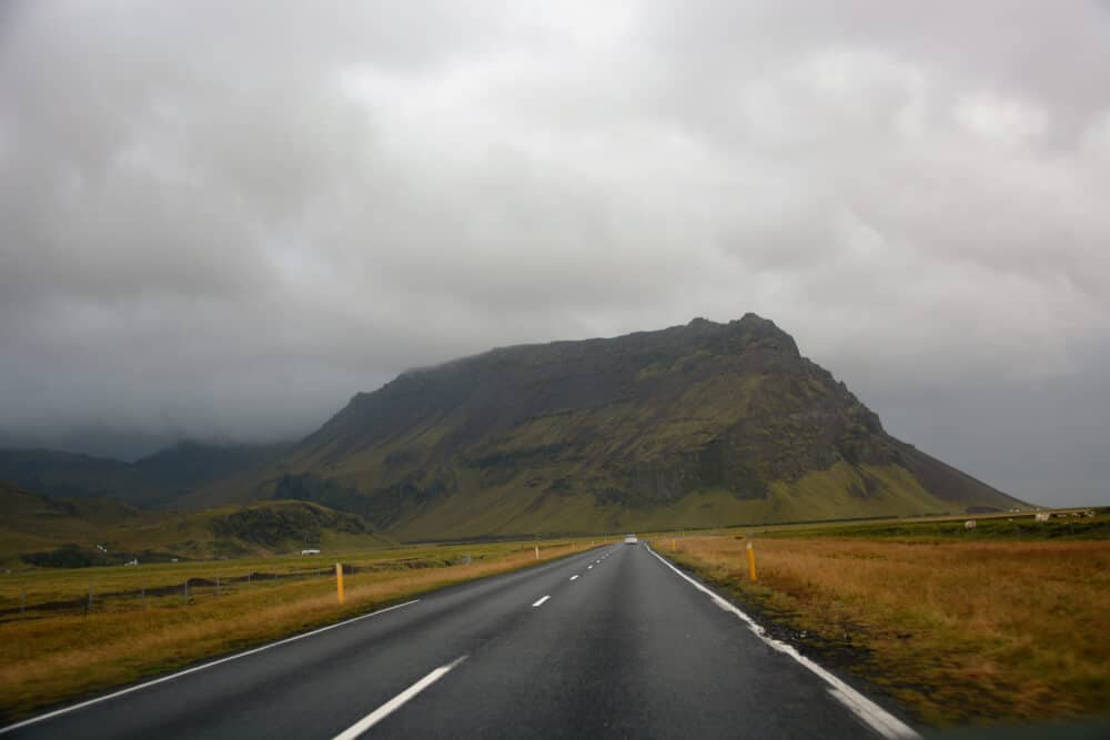 Dark clouds on the ring road on a cold February camping day in Iceland