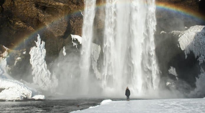 Waterfall during the winter time as seen in Iceland in february