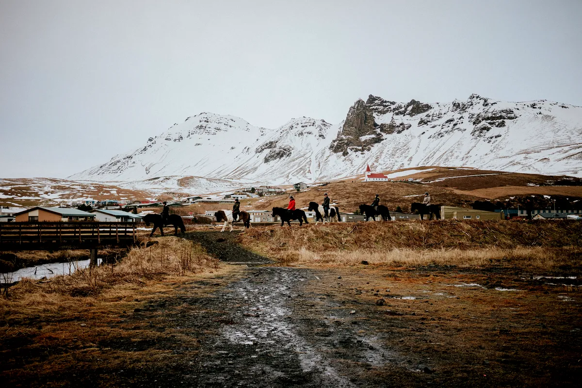 A group of riders on Icelandic horses trek through the fields near a small village, framed by snow-covered mountains. The peaceful scene captures Iceland’s rural charm and equestrian culture in spring.